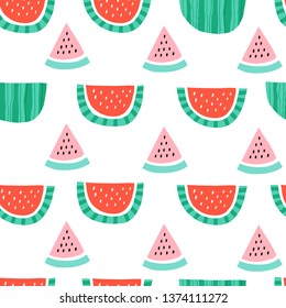 Seamless childish pattern with hand drawn watermelons. Creative scandinavian kids texture for fabric, wrapping, textile, wallpaper, apparel. Vector illustration. Green, pink and red.
