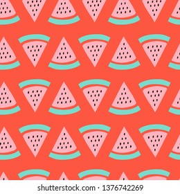 Seamless childish pattern with hand drawn watermelons. Creative scandinavian kids texture for fabric, wrapping, textile, wallpaper, apparel. Vector illustration. Green, pink and red.