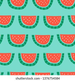 Seamless childish pattern with hand drawn watermelons. Creative scandinavian kids texture for fabric, wrapping, textile, wallpaper, apparel. Vector illustration. Green, pink and red.