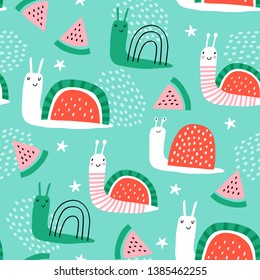 Seamless childish pattern with hand drawn snails and watermelons. Creative scandinavian kids texture for fabric, wrapping, textile, wallpaper, apparel. Vector illustration. Green, pink and red.