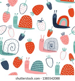 Seamless childish pattern with hand drawn snails and strawberries. Creative scandinavian kids texture for fabric, wrapping, textile, wallpaper, apparel. Vector illustration. Green, pink and red.