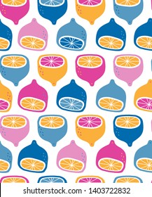 Seamless childish pattern with hand drawn lemons. Creative scandinavian kids texture for fabric, wrapping, textile, wallpaper, apparel. Vector illustration. Yellow, blue and pink.