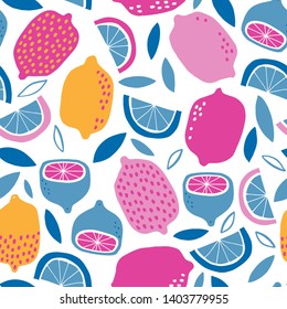 Seamless childish pattern with hand drawn lemons. Creative scandinavian kids texture for fabric, wrapping, textile, wallpaper, apparel. Vector illustration. Yellow, blue and pink.