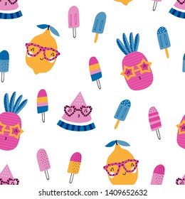 Seamless childish pattern with hand drawn fruit friends. Creative scandinavian kids texture for fabric, wrapping, textile, wallpaper, apparel. Vector illustration. Yellow, blue and pink.