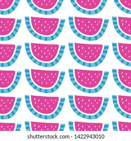 Seamless childish pattern with hand drawn watermelons.  Vector illustration. Blue and pink.