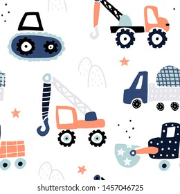 Seamless childish pattern with hand drawn building cars. Creative kids texture for fabric, wrapping, textile, wallpaper, apparel. Vector illustration