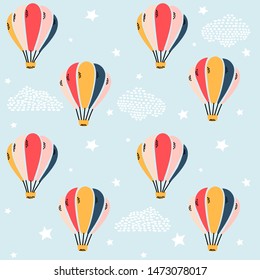 Seamless childish pattern with hand drawn hot air balloons, clouds,  and stars - creative scandinavian kids texture design for fabric, wrapping, textile, wallpaper, apparel