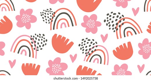 Seamless childish pattern with hand drawn rainbows, hearts, flowers. Creative scandinavian kids texture for fabric, wrapping, textile, wallpaper, apparel. Kids pattern. Scandinavian design. Vector
