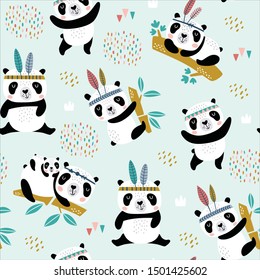 Seamless childish pattern with hand drawn cute pandas. Creative scandinavian kids texture for fabric, wrapping, textile, wallpaper, apparel. Vector illustration