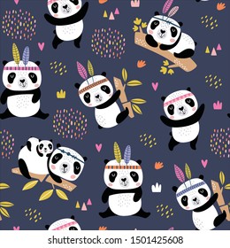 Seamless childish pattern with hand drawn cute pandas. Creative scandinavian kids texture for fabric, wrapping, textile, wallpaper, apparel. Vector illustration