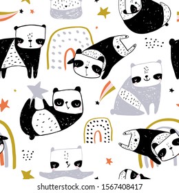Seamless childish pattern with hand drawn pandas. Creative monochrome texture for fabric, wrapping, textile, wallpaper, apparel. Vector illustration