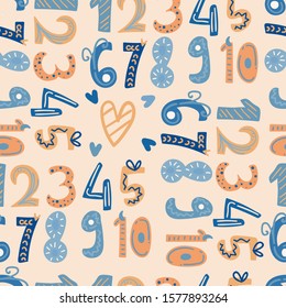Seamless childish pattern with hand drawn numbers. Creative abstract kids texture for fabric, wrapping, textile, wallpaper, apparel. Vector illustration