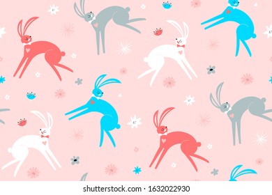 Seamless childish pattern with hand drawn rabbits. Perfect for kids design, fabric, wrapping, wallpaper, textile, apparel. Bunny, rabbits, cute characters set, for Easter, kids and baby t-shirts.