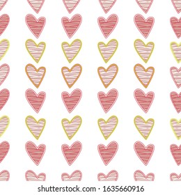 Seamless childish pattern with hand drawn hearts. Valentine's day pattern with heart