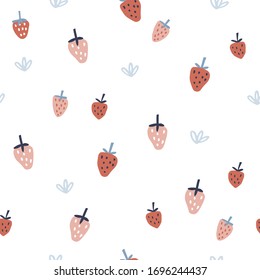 Seamless childish pattern with hand drawn strawberry. Creative scandinavian kids texture for fabric, wrapping, textile, wallpaper, apparel. Vector illustration. Blue, pink and red.
