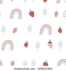 Seamless childish pattern with hand drawn strawberry. Creative scandinavian kids texture for fabric, wrapping, textile, wallpaper, apparel. Vector illustration. Blue, pink and red.