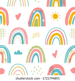 Seamless childish pattern with hand drawn rainbows, heart, sun, shapes and clouds. Creative scandinavian kids texture for fabric, wrapping, textile, wallpaper, apparel. Vector illustration