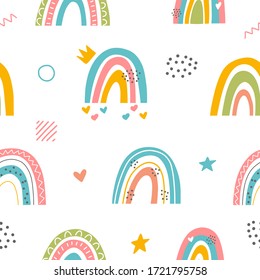 Seamless childish pattern with hand drawn rainbows, heart, sun, shapes and clouds. Creative scandinavian kids texture for fabric, wrapping, textile, wallpaper, apparel. Vector illustration