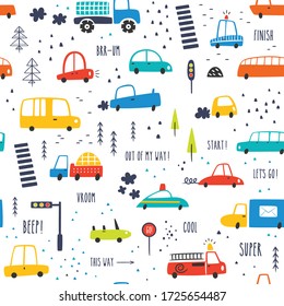 Seamless Childish Pattern With Hand Drawn Cartoon Cars. Creative Kids Texture For Fabric, Wrapping, Textile, Wallpaper, Apparel. Vector Illustration
