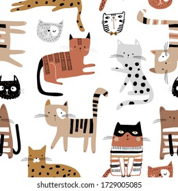 Seamless childish pattern with hand drawn cats in different poses. Creative kids hand drawn texture for fabric, wrapping, textile, wallpaper, apparel. Vector illustration