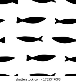 Seamless childish pattern with hand drawn doodle fish silhuettes. Creative scandinavian kids texture for fabric, wrapping, textile, wallpaper, clothes, posters, cards. Vector illustration.