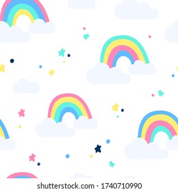 Seamless childish pattern with hand drawn rainbows and stars, .Creative scandinavian kids texture for fabric, wrapping, textile, wallpaper, apparel. Vector illustration