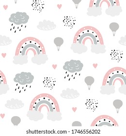 Seamless childish pattern with hand drawn ballons, rainbows and heart. Creative scandinavian kids texture for fabric, wrapping, textile, wallpaper, apparel. Vector illustration