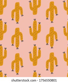 Seamless childish pattern with hand drawn cactuses.  Creative scandinavian kids texture for fabric, wrapping, textile, wallpaper, apparel. Vector illustration. Red and yellow.