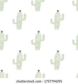 Patrón infantil inmaculado con cactús dibujados a mano.  Textura de niños escandinavos creativos para tela, envoltura, textil, papel pintado, vestimenta. Ilustración vectorial en verde.