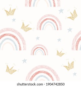 Seamless childish pattern with hand drawn rainbows, stars and crown. Creative Scandinavian print. Kids texture for fabric, wrapping, textile, wallpaper, apparel. Trendy colors. Vector illustration. 