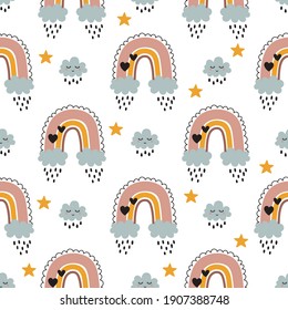 Seamless childish pattern with hand drawn rainbows, clouds, rain and stars. Scandi nursery background. Trendy baby texture for fabric, textile, wallpaper, apparel design.