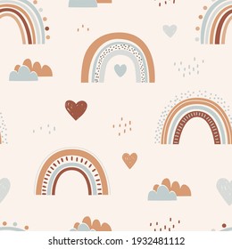 Seamless childish pattern with hand drawn rainbows and hearts. Creative scandinavian kids texture for fabric, wrapping, textile, wallpaper, apparel. Vector illustration.