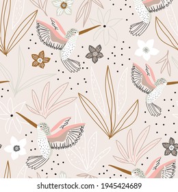 Seamless childish pattern with hand drawn collibi,florals. Creative scandinavian style kids texture for fabric, wrapping, textile, wallpaper, apparel. Vector illustration