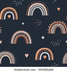 Seamless childish pattern with hand drawn rainbows and hearts on dark background. Creative scandinavian kids texture for fabric, wrapping, textile, wallpaper, apparel. Vector illustration.