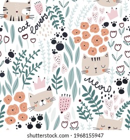 Seamless childish pattern with сute hand drawn cats and florals. Creative kids pattern for fabric, wrapping, textile, wallpaper, apparel. Vector illustration