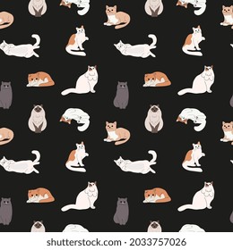 Seamless childish pattern with hand drawn cats.  Perfect for wrapping paper, posters, fabric and other design. Flat cartoon style.  Vector illustration