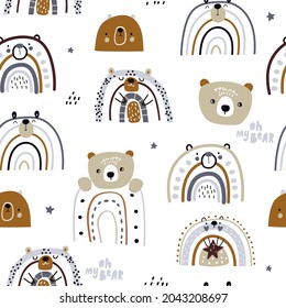 Seamless childish pattern with hand drawn cute bear rainbows. Funny bears texture. Trendy kids vector background.