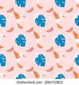Seamless childish pattern with hand drawn collibi, florals. Tropical bird. Creative  kids texture for fabric, wrapping, textile, wallpaper, apparel. Vector illustration