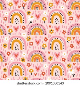 Seamless childish pattern with hand drawn rainbows and flowers. Creative scandinavian kids texture for fabric, wrapping, textile, wallpaper, apparel. Vector illustration