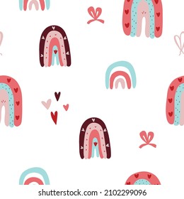 Seamless childish pattern with hand drawn rainbows and hearts, .Creative scandinavian kids texture for fabric, wrapping, textile, wallpaper, apparel. Vector illustration