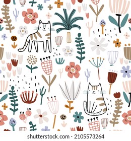 Seamless childish pattern with сute hand drawn cats and flowers. Kids texture for fabric, wrapping, textile, wallpaper, apparel. Vector illustration