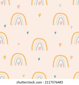 Seamless childish pattern with hand drawn rainbows and hearts.Kids texture for fabric, wrapping, textile, wallpaper, apparel. Vector illustration