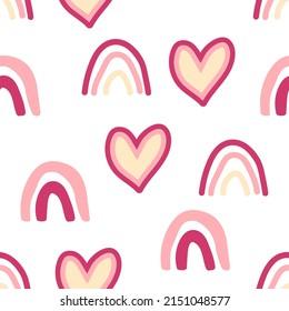 Seamless childish pattern with hand drawn rainbows and hearts. Creative scandinavian kids texture for fabric, wrapping, textile, wallpaper, apparel