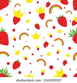 Seamless childish pattern with hand drawn strawberry, crowns and dots. Creative kids texture for fabric, textile. Vector illustration. 