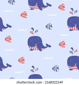 Seamless childish pattern with hand drawn whales and fish. Sea life.
