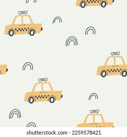 Seamless childish pattern with hand drawn cartoon cars. Creative kids texture for fabric, wrapping, textile, wallpaper, apparel. Vector illustration