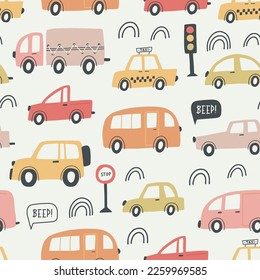 Seamless childish pattern with hand drawn cartoon cars. Creative kids texture for fabric, wrapping, textile, wallpaper, apparel. Vector illustration