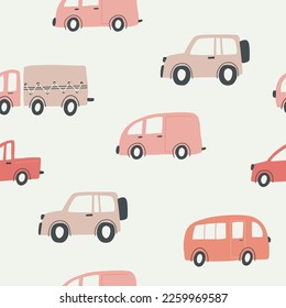 Seamless childish pattern with hand drawn cartoon cars. Creative kids texture for fabric, wrapping, textile, wallpaper, apparel. Vector illustration