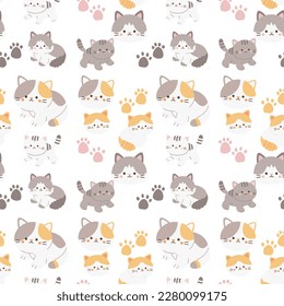 Seamless childish pattern with hand drawn cats in different poses. Creative kids hand drawn texture for fabric, wrapping, textile, wallpaper, apparel. Vector illustration.