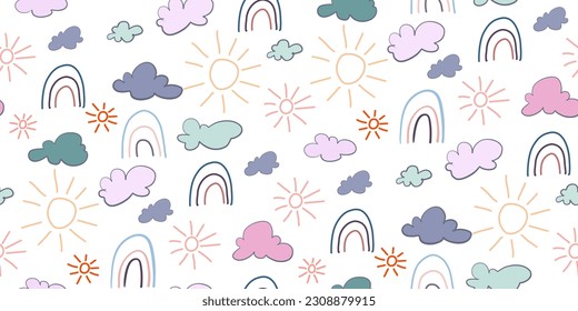 Nahtlose kindliche Muster mit handgezeichnet Regenbogen, Sonne, Wolke in Pastellfarben auf Weiß. Kreative skandinavische Kindertextur in Cartoon-Stil für Stoff, Umhüllung, Textilien, Tapeten, Bekleidung. Vektorgrafik